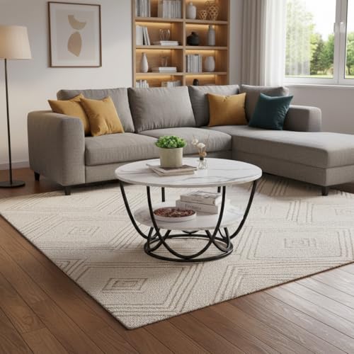 Image of Round Storage Coffee Table Contemporary Coffee Table for Living Room Wood Top with Metal Frame (Black White O)