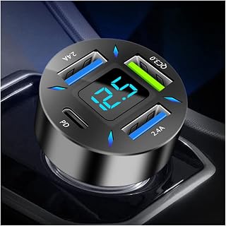 Aokdom 66W Super Fast Car Charger PD/QC3.0 4-Port with Voltmeter & LED Lights - Quick Charge iPhone 14/13 Samsung S22/iPad 12-24V Black