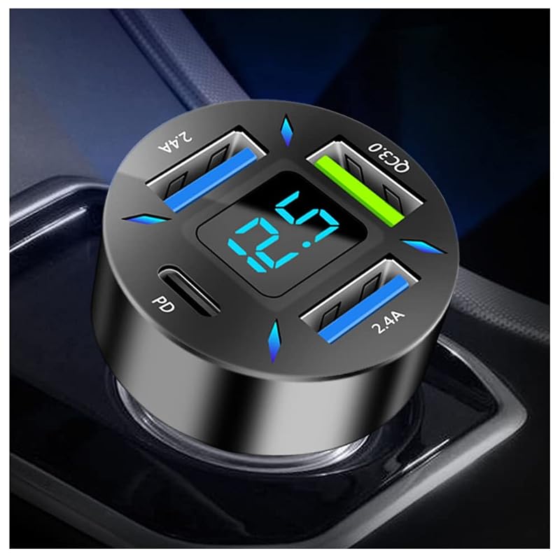 Carregador veicular KIFIDAN com 4 portas USB, USB-C PD 3.1, QC 3.0 e voltímetro LED, entrada 12–24 V, preto