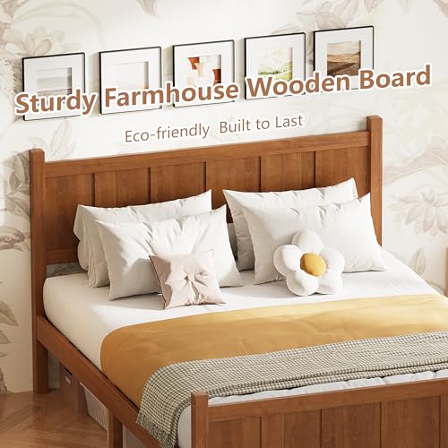 Image of Full Size Vintage Bed Frame with Headboard, Farmhouse Wooden Platform Bed with Under-Bed Storage, Minimalist Modern Wood Grain Finish Bedframe for Bedroom (Light Walnut)