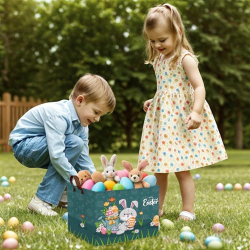 Image of Large Cute Easter Basket for Kid Empty Gift Baby Rectangle Storage Bin Bunny Eggs Boy&Girl Room Decor (Rabbit Blue)