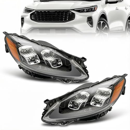 LED Headlight Assembly Compatible with 2020 2021 2022 2023 FORD ESCAPE SEL Model Left & Right Driver Side Black Housing Clear Lens Headlamps Replace # LJ6B-13W029-AH, LJ6B-13W030-AH (Left&Right)