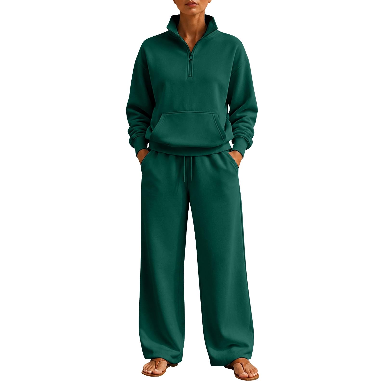 Survêtement pour femme - Survêtement ample - Couleur unie | Col montant avec demi-fermeture éclair - Pull sans capuche - Survêtement avec pantalon droit - 2 pièces - Ensemble de jogging