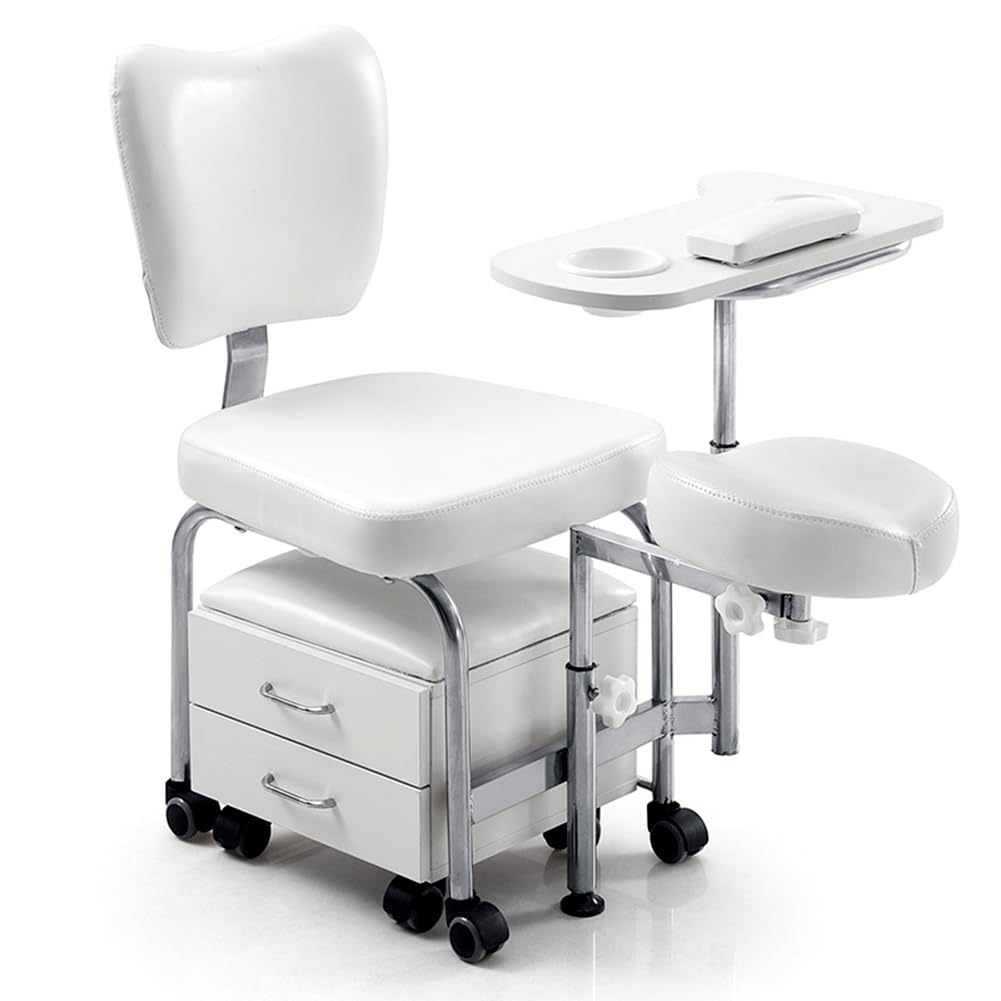 Krzesło do manicure i pedicure z rolkami, profesjonalny stołek kosmetyczny z regulowaną wysokością podnóżkiem i tacą na ręce, stacja robocza do zdobienia paznokci z szufladami