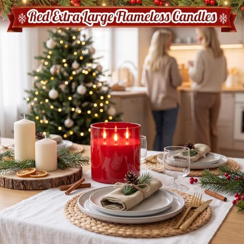 Image of Retisee 6'' x 6'' Extra Large Flameless Candles, 3 Wick Glass Large Fall Candles with Remote Control and Timer Function, Real Wax LED Pillar Flickering for Autumn Party Decor(Classic,Red,1 Pcs)