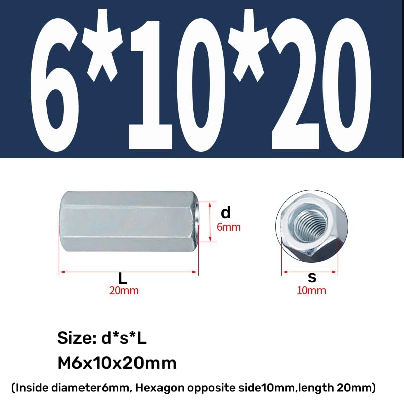 Round Connector Nuts, Hex Rod Coupling Nuts Threaded Rod Connectors Zinc Coupler Joint Sleeve Extension Nuts(M8x12x20mm 5pcs)