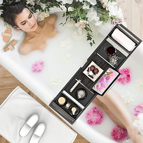 Bath Caddy Tray For Bathtub - Bamboo Adjustable Organizer Tray For Bathroom With Free Soap Dish Suitable For Luxury Spa Or Reading(Black) #TOP2