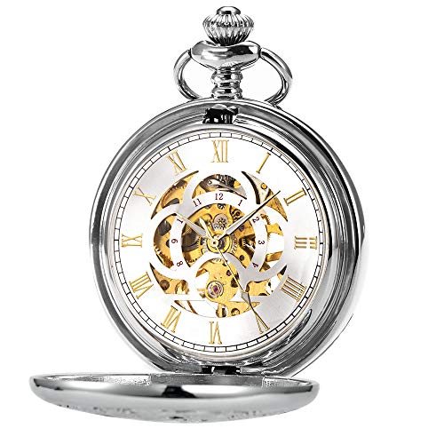 Image of ManChDa Antique Mechanical Pocket Watches for Men Lucky Dragon Phoenix Pocket Watch with Chain Skeleton Dial Roman Numerals Gifts for Fathers Day