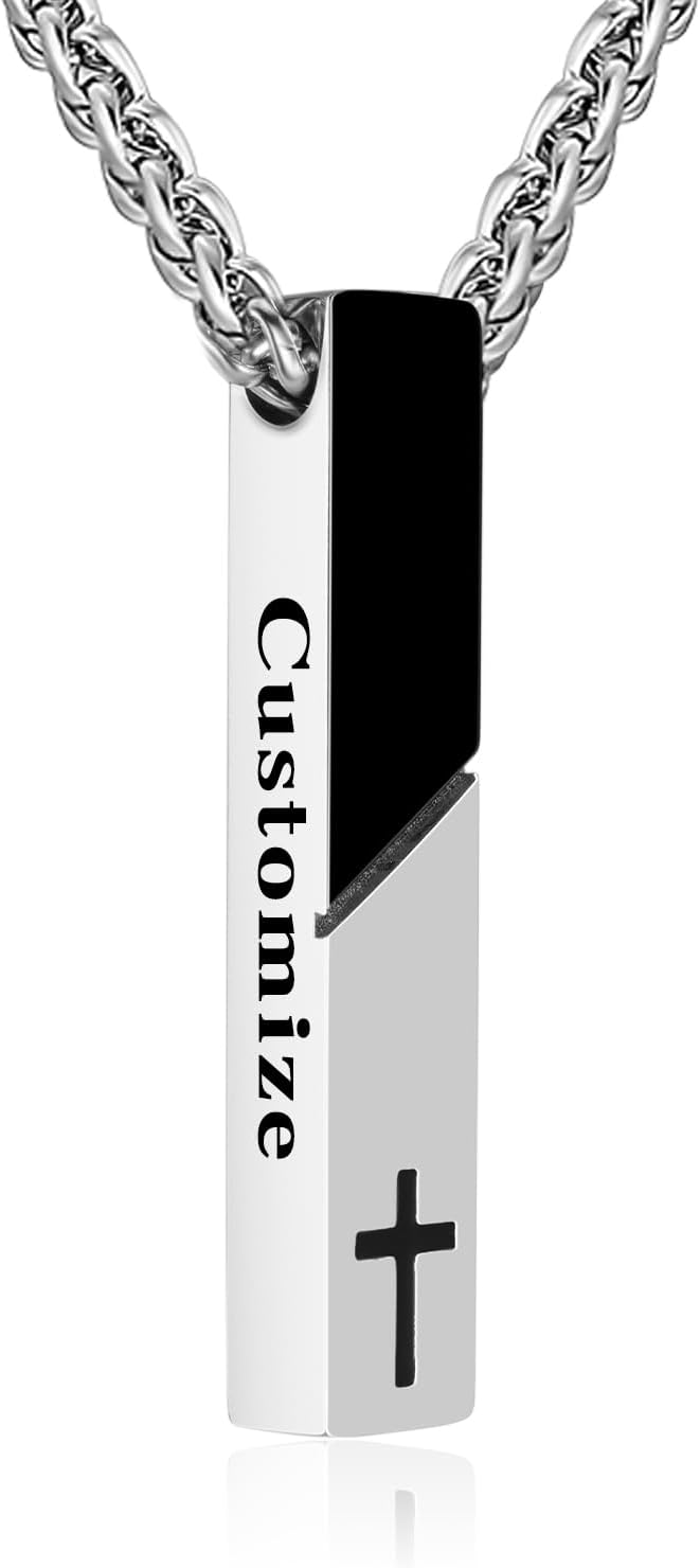 Abooxiu Custom Urn Necklace for Ashes Cremation Jewelry for Ashes Cube Ashes Keepsakes Necklace Cross Bar Stainless Steel Memorial Urn Pendant Keepsake for Women Men