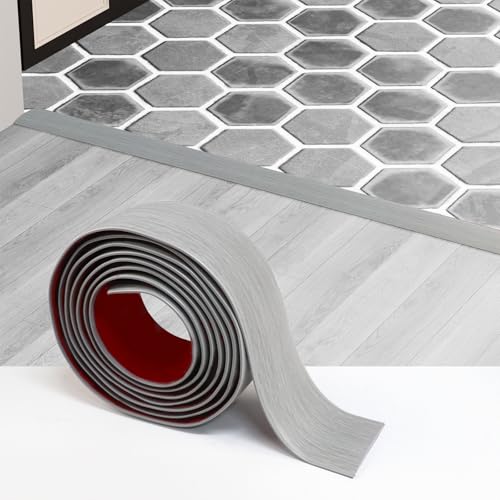 Greymond Floor Transition Strip - Self Adhesive Vinyl Flooring Trim for Carpet, Tile & Gaps, Threshold Cover Molding (20ft x 1.97in, Greyish)