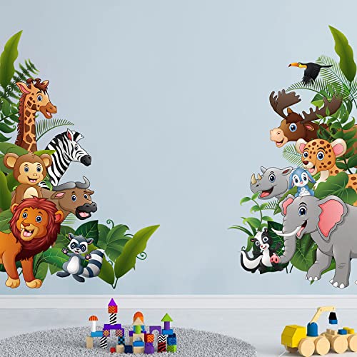 Supzone Jungle Animal Wall Stickers Cartoon Animal Wall Decal Elephant Monkey Giraffe Lion Wall Decor Diy Vinyl Mural Art For Kids Baby Nursery Bedroom Living Room Playroom #TOP2