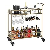 Garvee 2 Tier Rolling Wine Bar Cart for Home, Small Alcohol Liquor Cart with Mirrored Shelves, Wine Racks & Glass Holder, Compact for Dining Room Living Room Party, Gold