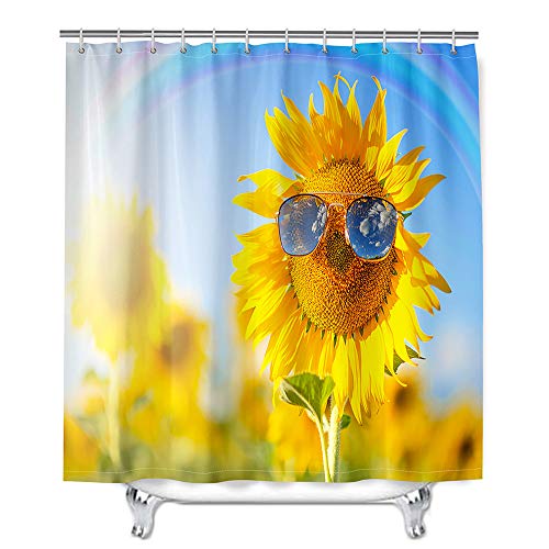 Mateju Wasserdicht Duschvorhang Anti-Schimmel, 3D Sonnenblume Motiv Duschvorhänge Waschbar Polyester Stoff Badvorhang mit 12 Duschvorhängeringen, für Badewanne und Bathroom (Sonnenbrille,150x180cm) Cover