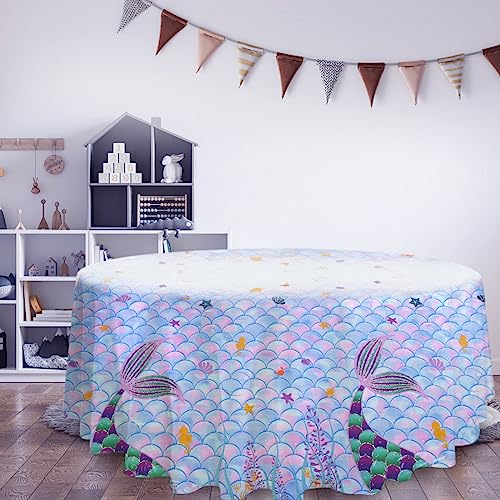 Image of 3 Pcs Baby Shower Tablecloth，Baby Shower Round Tablecloth，Mermaid Party Decoration Table Covers，Plastic Tables Cover for Baby Shower Party Compatible for a 70inch Round Table