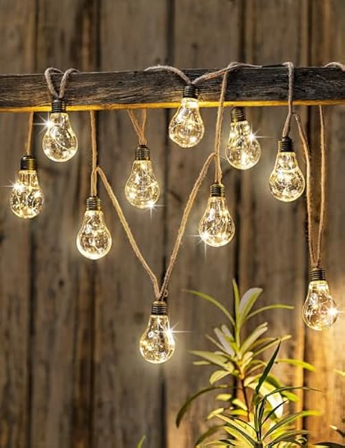 Solar Outdoor String Lights, 10Ft Vintage Rope Hemp Solar Patio Lights, Waterproof Warm White Solar Powered String Lights with 10 Shatterproof Bulbs for Garden Fence Stairs Balcony