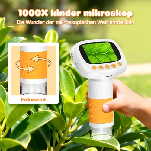 Leipan Tragbares Kinder Mikroskop, 1000x Digitales Mikroskop für Kinder, 2 Zoll IPS Bildschirm USB Microscope, Foto- und Videoaufnahme, Lupe Spielzeug ab 3 Jahre (Orange)