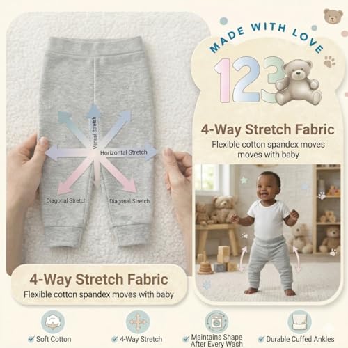 Image of 123 Bear Infant and Toddler Soft Cotton Spandex Boys and Girls Pants Multipacks