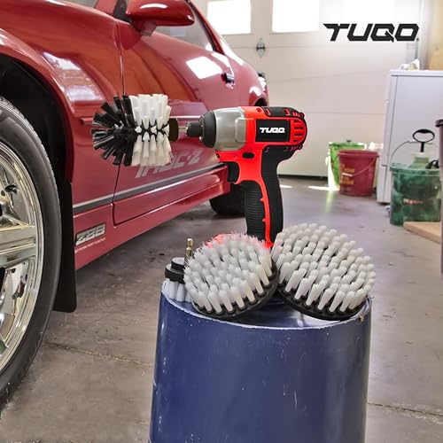Image of TUQO SB20W, Drill Brush Attachment Set - Power Scrubber Brush Cleaning Kit - Upholstery,Wheels,Carpet, Glass & Leather | Soft Bristles | Hex Shank Fits Most Drills | White