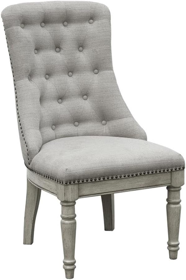 BOWERY HILL Farmhouse Fabric Upholstered Host Chair, Buff Gray Finish, 22 in L x 24.75 in W x 40.5 in H, Padded Seat, Button Tufted Back, Beige Textured Fabric, Turned Legs, Dining Room Seating