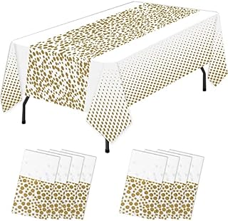 Disposable Plastic Tablecloths - 8 Pack 54" x 108" White Gold Dot Party Table Cloths with Table Runner, Waterpoof & Wipeable Rectangle Table Covers for Birthdays Weddings Christmas Picnics Parties