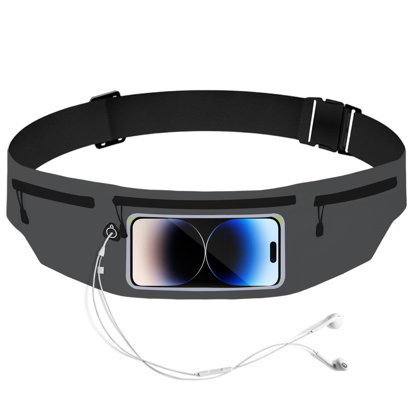 Running Belt Waist Pack with Touchscreen Phone Window, Adjustable Elastic Band, Headphone Port, Black (Grey)