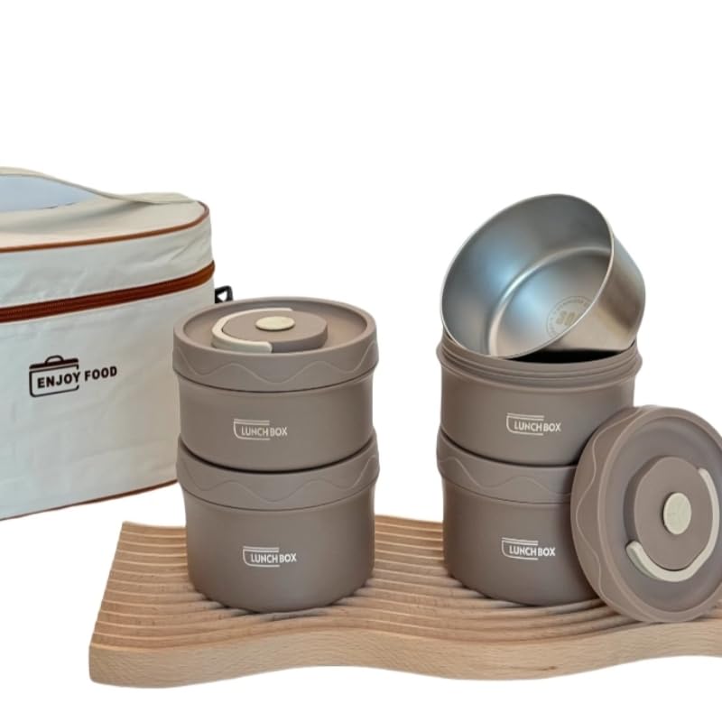 304 Stainless Steel Detachable Insulated Lunch Box | Thickened Heat-Resistant Food Container with Leakproof Seal | Includes 2x550ml Bento Boxes, 2x420ml Bento Boxes & Insulated Lunch Bag Brown