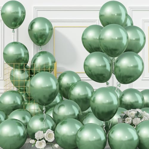 Image of Jobkoo Green Metallic Balloons, 50Pcs 10Inch Chrome Dark Green Balloons Metallic Retro Sage Olive Green Party Balloons Hunter Green Chrome Helium Balloon for Jungle Birthday Graduation Wedding Decor
