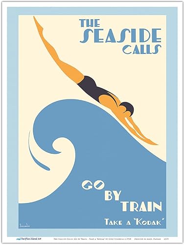 The Seaside Calls Go by Train - Take a "Kodak" - Póster vintage de viaje por ferrocarril por Gert Sellheim c.1938 - Impresión artística maestra de 9