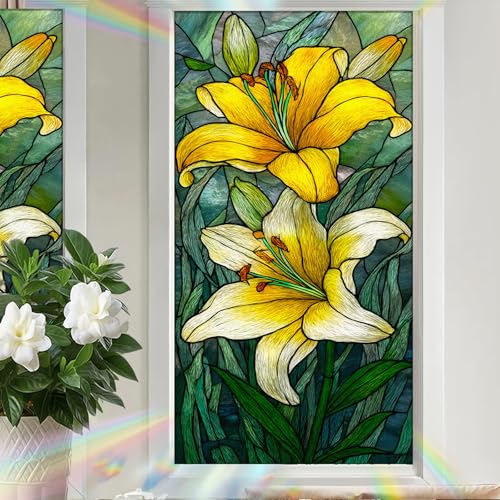 Image of Nuxovilar Gothic Rainbow Yellow Flower Pattern Window Film 17.5x39.3 PVC | Yellow Flowers, Gothic Decal fresh floral sticker, rainbow glass wrap for bedroom living room home (Yellow Floral)