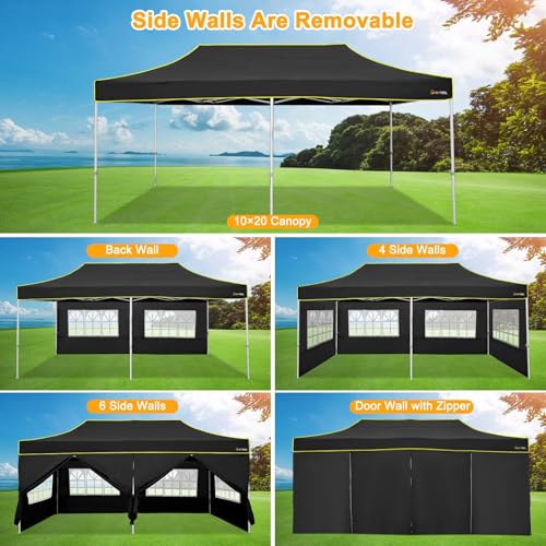 Image of HOTEEL 10x20 Heavy Duty Pop Up Canopy Tent with Sidewalls, Commercial Outdoor Canopy Tents for Parties Event Wedding with Roller Bag, Waterproof & UV 50+, Upgraded Thickened Hexagonal Legs, Black