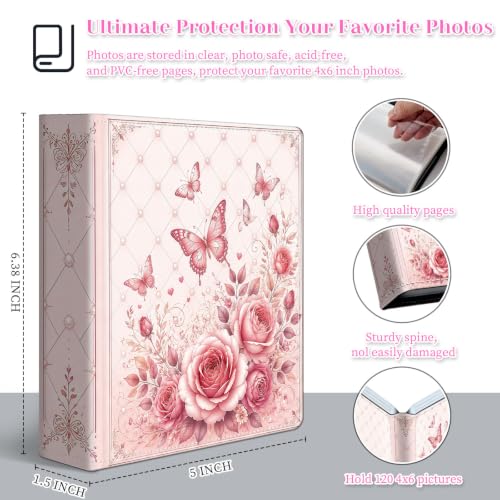 Image of Photo Album 4x6 120 Pockets Quilted Pink Rose Butterfly | 120 clear 4x6 photo pockets, strong elastic band, compact album, family travel wedding use, pink rose butterfly cover