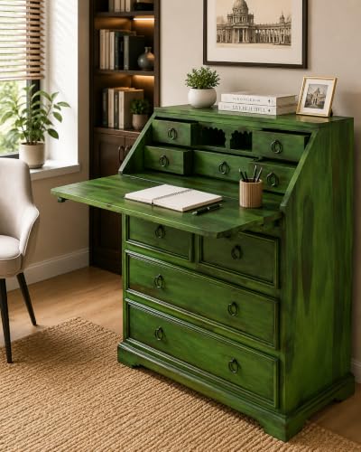 Image of Solid Sheesham Wood Writing Study Table for Students Office Desk Workstation Computer Laptop Table with Drawer Storage for Home Office Library Wooden Furniture (Green)