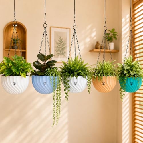 Image of Urban Upvan Hanging Planters with Chain | Uv-Protected Rattan Style Plastic Flower Pots for Balcony, Indoor Plants, Garden, Terrace & Home Decor Multicolour (Set of 5)