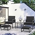 JOIVI 5 Pieces Patio Bistro Set, PE Wicker Outdoor Patio Furniture Set, Modern Rattan Patio Chairs with Table & Ottomans, Patio Conversation Sets for Balcony, Front Porch, Garden, Black Cushion