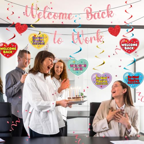 Image of Welcome Back To Work Decoration Banner So Glad You're Back To Work Banner and Hanging Swirls for Office Party Supplies - Rose Gold