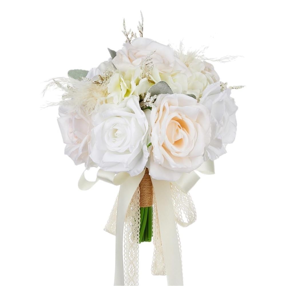Huffa Champagnewhite Wedding Bride Holding Flowers With Champagne Rose Bow And Tassel Decoration - Simulation Floral Arrangement(Champagnewhite)