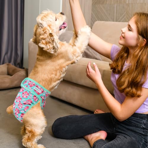 Image of Langsprit Washable Female Dog Diapers (3 Pack) - No Leak Reusable Diapers for Doggy Female in Period - Highly Absorbent Dog Heat Panties with Adjustable Snaps (Spring Flowers, X-Large)