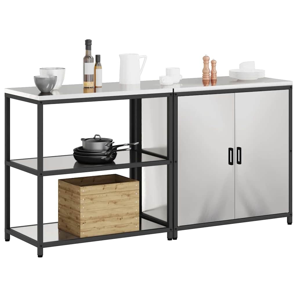 HATTEM - Juego de almacenamiento para cocina (2 piezas, acero inoxidable, 4 estantes, armario de cocina, aparador, armario auxiliar, espacio para comedor y cafetería