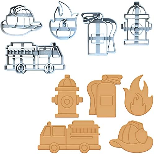 Moose Goods Firefighter Cookie Cutters for Baking - Set of 5 Cookie Cutters with Stamp - Includes Fire Truck Cookie Cutter, Fire Helmet, Fire Extinguisher, Fire Hydrant, & Flame Cookie Cutter - Silver