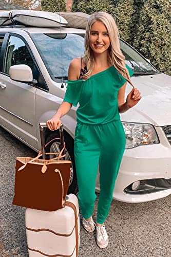 Image of PRETTYGARDEN Jumpsuits for Women Summer Off Shoulder Romper | Short Sleeve Drawstring Waist, Jogger Jumpers with Pockets, One Piece Spring Break Outfits, Vacation Travel Lounge Clothes