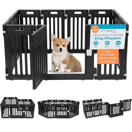 BIRDROCK HOME Dog Playpen w/Door, 12 Panel, 25.6in H | Strong Plastic, Non-Slip Puppy Playpen, Secure Pet Gate | Indoor Outdoor Fence | Configurable Panels | Small to Medium Pets - Black