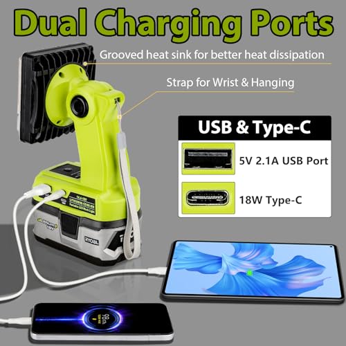 Image of 25W 2000LM Cordless LED Work Light Compatible with Ryobi One 18V Battery Portable Flood Lights for Outdoor Indoor Workshop Job Site, LED Floodlight with Pivoting Head /USB Port(No Battery)