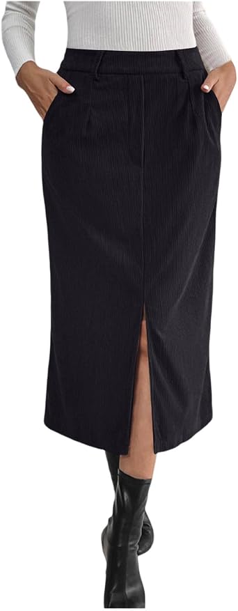 Womens Corduroy Work Skirts High Waisted Pencil Midi Skirts Business Casual Office Fall Winter Outfits with Pockets