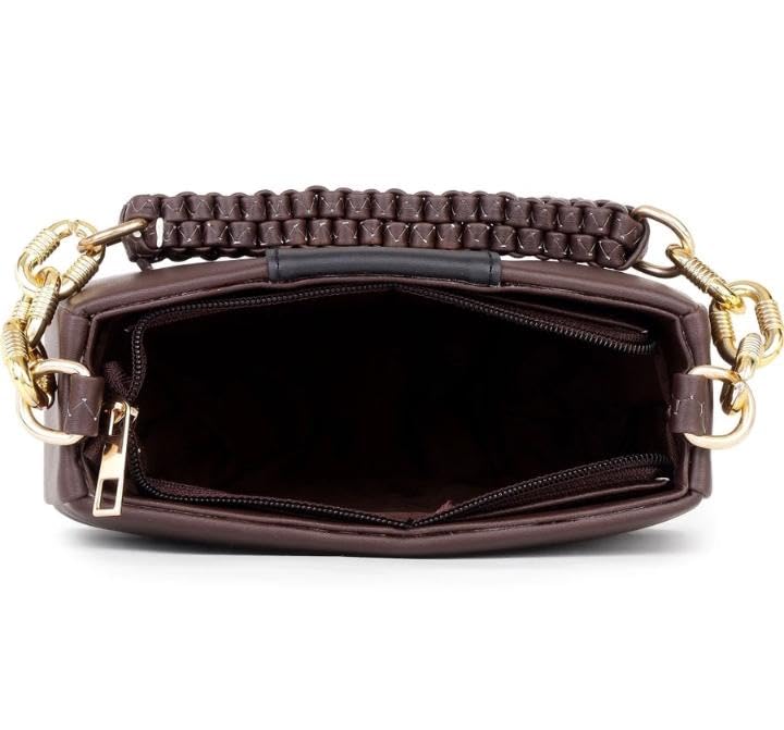 Image of LB Women's Saddle Shoulder Bag, Brown and Black, Braided Handle with Gold-Tone Hardware
