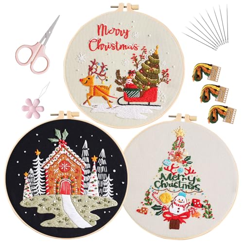 Image of LB Christmas Embroidery Kit for Beginners Adults, 3 Sets Hand Embroidery Starter Kit with Snowman Pattern and Instructions Stamped Cross Stitch Kits Include Embroidery Hoop Needles Threads Scissors
