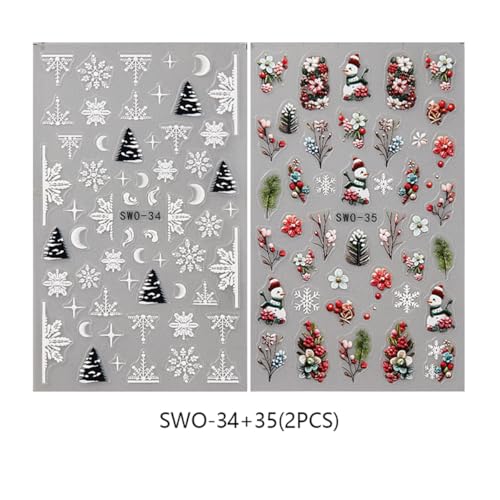 Fbabfbuo SA757 Christmas Nail Art Stickers Decals Snowflake Snowman Nail Stickers 2Pcs Snowman Tree Floral Xmas Nails Design 5D Embossed Christmas Nails Adhesive Decals Manicure Accessories thumb #6