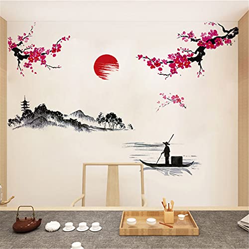 2 Sheets Japanese Style Splash Ink Landscape Painting Wall Sticker Red Cherry Blossom Wall Decals Removable Peel And Stick Mountain River Fisherman Mural For Bedroom Living Room Tv Home Decor #TOP3