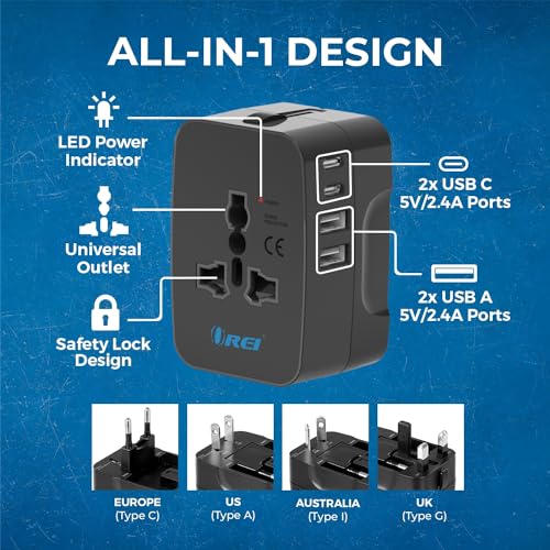 Orei 5 in 1 Universal Travel Adapter with Type C - International Travel Adapter - 2X USB-A and 2X USB-C (3.4A) - Universal Socket for USA, UK, Europe & More – CE, FCC Certified - 3 Year Warranty - Image 5