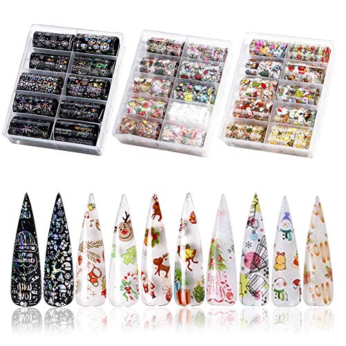 BEAUTYBIGBANG Christmas Nail Foil Transfer Sticker - 3 Boxes 30 Colors Nail Art Stickers Tips Wraps Foil Transfer Adhesive Glitters Acrylic Winter DIY Nail Decoration