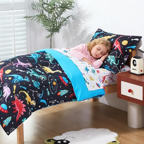 Image of lasoftan Toddler Bedding Set, Toddler Bed Comforter Sets for Girls, Toddler Bed Set, Space Dinosaur Printed